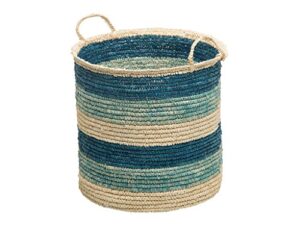 kouboo 1060111 round sisal storge basket with handles, teal & navy blue
