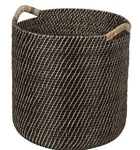 Kouboo Laguna Round Ear Handles, Black-Wash Rattan Storage Basket