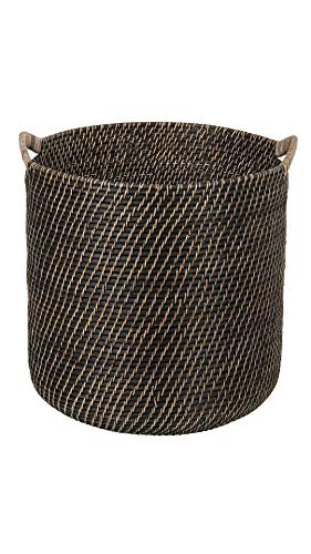 Kouboo Laguna Round Ear Handles, Black-Wash Rattan Storage Basket