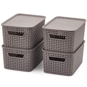 ezoware set of 4 lidded storage bins, small plastic stackable weaving wicker organizing baskets boxes containers with lids and handle, 11 x 7.3 x 5.1 inch