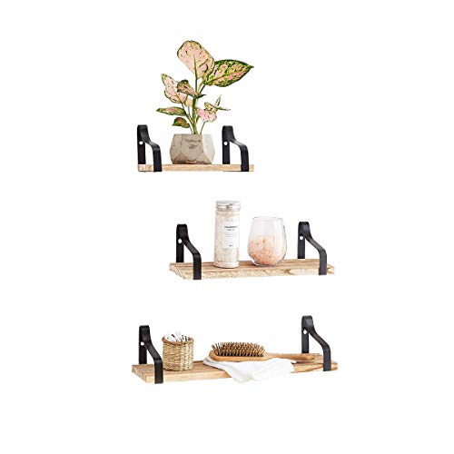 Coral Flower Set-of-3 Wall-Mounted Floating Shelves for Bedroom, Living Room, Bathroom, Kitchen, Office and More, 17inch, Natural Paulownia wood + Iron, Espresso 1