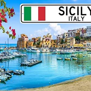 Sicily, Italy - Italian Flag Sign - Metal Novelty Sign for Home Decoration, Italian Restaurant Wall Decor, Street Sign, Italian Hometown Sign - 4x18 inches
