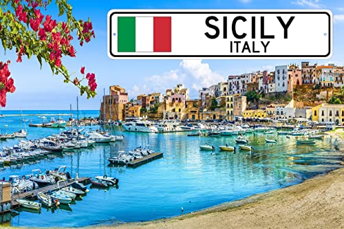 Sicily, Italy - Italian Flag Sign - Metal Novelty Sign for Home Decoration, Italian Restaurant Wall Decor, Street Sign, Italian Hometown Sign - 4x18 inches