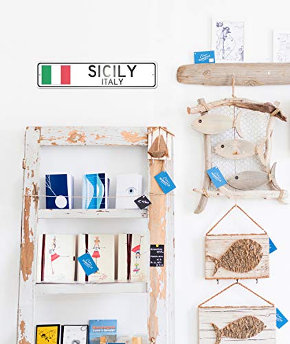 Sicily, Italy - Italian Flag Sign - Metal Novelty Sign for Home Decoration, Italian Restaurant Wall Decor, Street Sign, Italian Hometown Sign - 4x18 inches