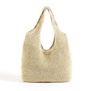 qtkj hand-woven soft large straw shoulder bag boho straw handle tote retro summer beach bag rattan handbag (beige)