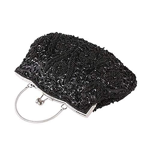 SSMY Beaded Sequin Design Flower Evening Purse Large Clutch Bag (Black)