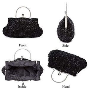 SSMY Beaded Sequin Design Flower Evening Purse Large Clutch Bag (Black)