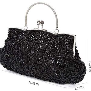 SSMY Beaded Sequin Design Flower Evening Purse Large Clutch Bag (Black)