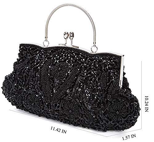 SSMY Beaded Sequin Design Flower Evening Purse Large Clutch Bag (Black)