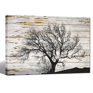 sechars – black and white tree in sunrise on rustic wooden background canvas print winter landscape picture canvas prints framed ready to hang modern living room home ofiice bedroom wall decor 24×36