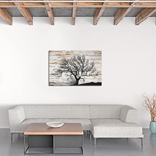 sechars - Black and White Tree in Sunrise on Rustic Wooden Background Canvas Print Winter Landscape Picture Canvas Prints Framed Ready to Hang Modern Living Room Home Ofiice Bedroom Wall Decor 24x36