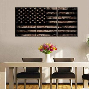 american flag wall art black and brown patriotic decor native america picture for living room military canvas artwork 3 piece prints painting house decor giclee framed ready to hang gift(48”wx 24”h)