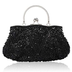 women vintage beaded evening clutch vintage design sequin floral top-handle handbag party wedding purse wallet (black)