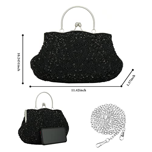 Women Vintage Beaded Evening Clutch Vintage Design Sequin Floral Top-handle Handbag Party Wedding Purse Wallet (Black)