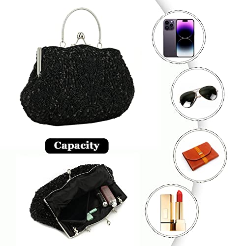 Women Vintage Beaded Evening Clutch Vintage Design Sequin Floral Top-handle Handbag Party Wedding Purse Wallet (Black)