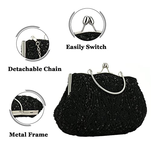 Women Vintage Beaded Evening Clutch Vintage Design Sequin Floral Top-handle Handbag Party Wedding Purse Wallet (Black)