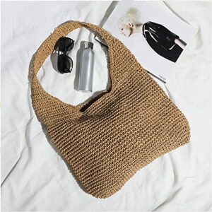 QTKJ Hand-woven Soft Large Straw Shoulder Bag Boho Straw Handle Tote Retro Summer Beach Bag Rattan Handbag (Khaki)