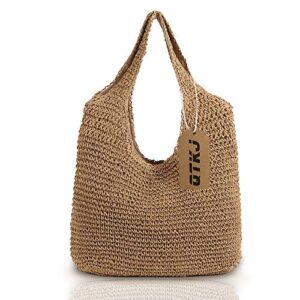 QTKJ Hand-woven Soft Large Straw Shoulder Bag Boho Straw Handle Tote Retro Summer Beach Bag Rattan Handbag (Khaki)