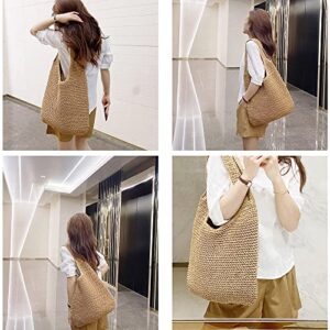 QTKJ Hand-woven Soft Large Straw Shoulder Bag Boho Straw Handle Tote Retro Summer Beach Bag Rattan Handbag (Khaki)