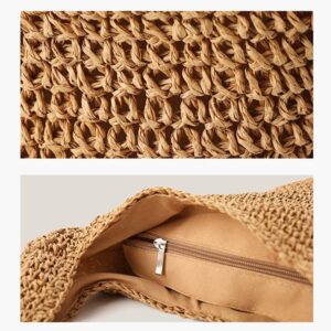 QTKJ Hand-woven Soft Large Straw Shoulder Bag Boho Straw Handle Tote Retro Summer Beach Bag Rattan Handbag (Khaki)