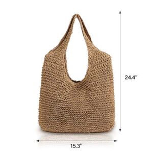 QTKJ Hand-woven Soft Large Straw Shoulder Bag Boho Straw Handle Tote Retro Summer Beach Bag Rattan Handbag (Khaki)