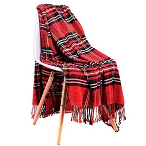 judybridal plaid chenille throw blanket, extra soft cozy knitted decorative blanket, all-season dual-sided home decor blanket with 3 inches tassel for bed sofa couch chair 50″ w x 67″ l（red）