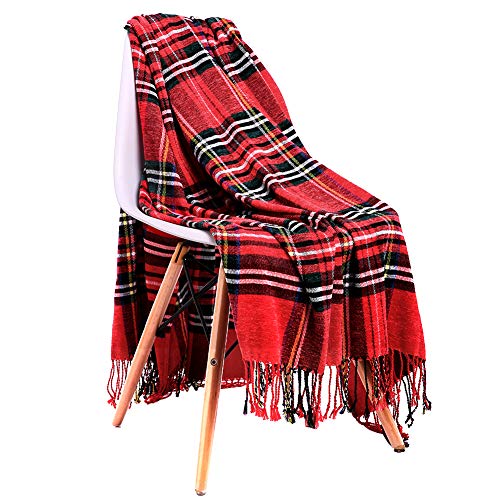 JUDYBRIDAL Plaid Chenille Throw Blanket, Extra Soft Cozy Knitted Decorative Blanket, All-Season Dual-Sided Home Decor Blanket with 3 Inches Tassel for Bed Sofa Couch Chair 50" W x 67" L（Red）