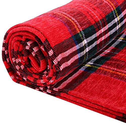 JUDYBRIDAL Plaid Chenille Throw Blanket, Extra Soft Cozy Knitted Decorative Blanket, All-Season Dual-Sided Home Decor Blanket with 3 Inches Tassel for Bed Sofa Couch Chair 50" W x 67" L（Red）