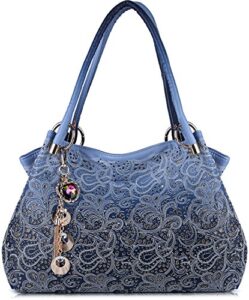 tinksky classic fashion tote handbag leather shoulder bag perfect large tote ls1195 (grey) (blue)