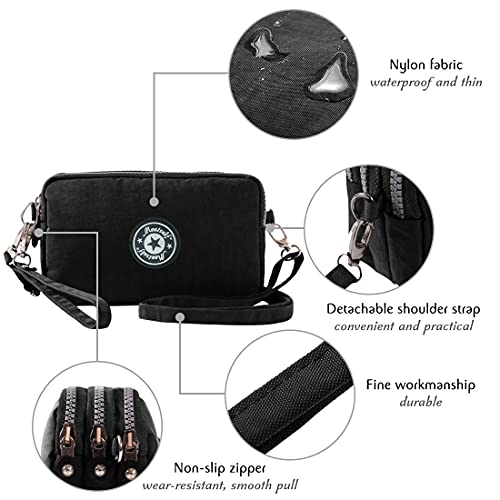 Valexbia Cell Phone Purse 3 Layers Zipper Handbag Nylon Crossbody Shoulder Bags Phone Pouch Case Wrist Bag