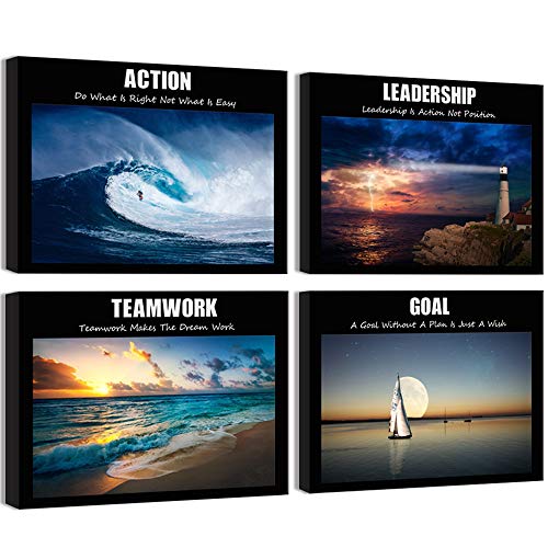 Visual Art Decor Large Motivation Teamwork Leadership Action Goal Inspirational Quotes Canvas Wall Art Ocean Waves Sea Seascape Picture Prints for Home Office Wall Decoration Set of 4 Ready to Hang