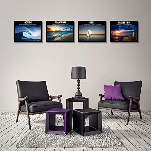 Visual Art Decor Large Motivation Teamwork Leadership Action Goal Inspirational Quotes Canvas Wall Art Ocean Waves Sea Seascape Picture Prints for Home Office Wall Decoration Set of 4 Ready to Hang