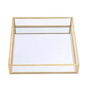 sooyee gold tray mirror,square mirror tray can hold jewelry,perfume,makeup,breakfast,tea,food,magazine and more, decorative tray for vanity,dresser,bathroom,bedroom,office,garden,coffee table (8”x8”)