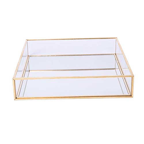 Sooyee Gold Tray Mirror,Square Mirror Tray can Hold Jewelry,Perfume,Makeup,Breakfast,Tea,Food,Magazine and More, Decorative Tray for Vanity,Dresser,Bathroom,Bedroom,Office,Garden,Coffee Table (8”x8”)