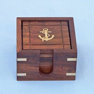 Hampton Nautical Wooden Anchor Coasters with Rosewood Holder (Set of 6), Brown, 3"