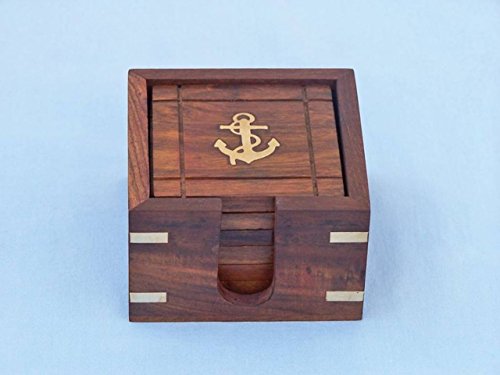 Hampton Nautical Wooden Anchor Coasters with Rosewood Holder (Set of 6), Brown, 3"