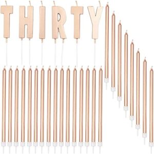 cake topper 30th birthday with thin candles in holders (rose gold, 30 pack)