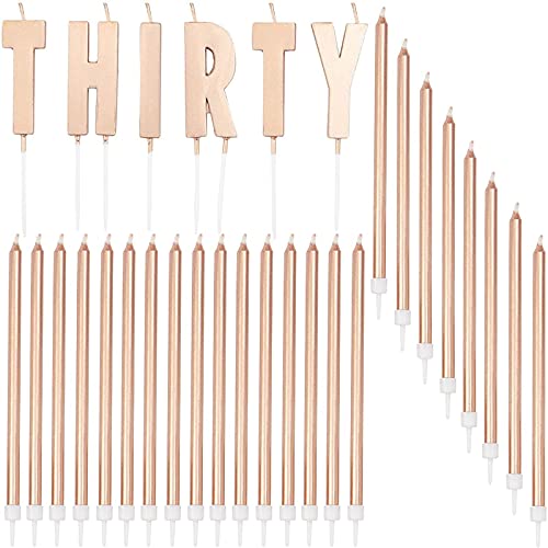Cake Topper 30th Birthday with Thin Candles in Holders (Rose Gold, 30 Pack)