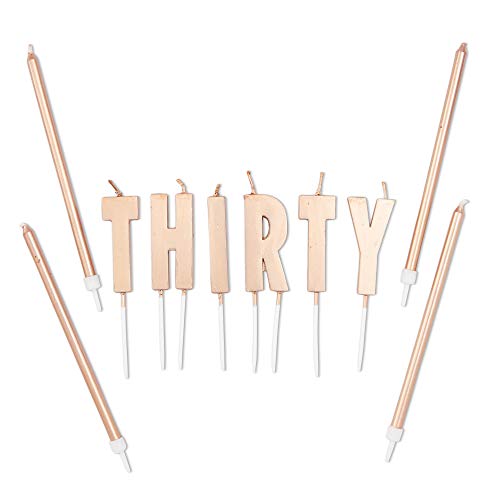 Cake Topper 30th Birthday with Thin Candles in Holders (Rose Gold, 30 Pack)