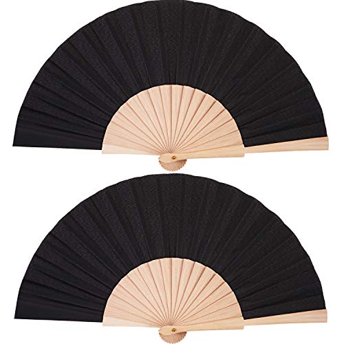 Chuangdi 2 Pieces Wooden Fan Fabric Hand Folding Fans Handheld Fans Craft Fan Decoration Fan Gift Fan with Drawstring Organza Bags for Men Women Girls (Black)