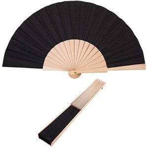 Chuangdi 2 Pieces Wooden Fan Fabric Hand Folding Fans Handheld Fans Craft Fan Decoration Fan Gift Fan with Drawstring Organza Bags for Men Women Girls (Black)