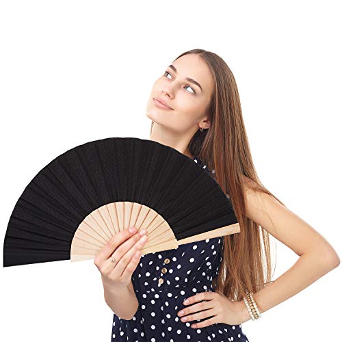 Chuangdi 2 Pieces Wooden Fan Fabric Hand Folding Fans Handheld Fans Craft Fan Decoration Fan Gift Fan with Drawstring Organza Bags for Men Women Girls (Black)