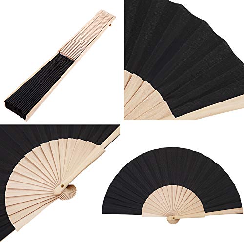 Chuangdi 2 Pieces Wooden Fan Fabric Hand Folding Fans Handheld Fans Craft Fan Decoration Fan Gift Fan with Drawstring Organza Bags for Men Women Girls (Black)