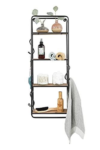 Creative Co-Op 32 Inch Metal & Wood Hooks Wall Shelf, Black