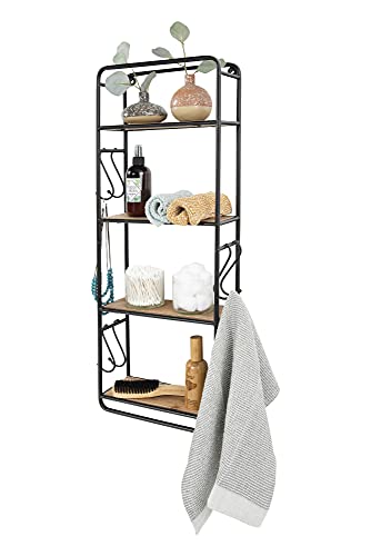 Creative Co-Op 32 Inch Metal & Wood Hooks Wall Shelf, Black