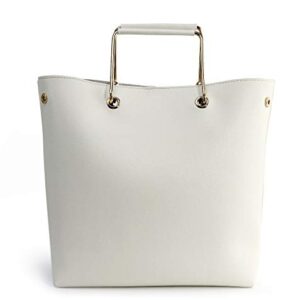 Women Tote with Metal Handle Vegan Leather Convertible Top Handle Handbag (Ivory)