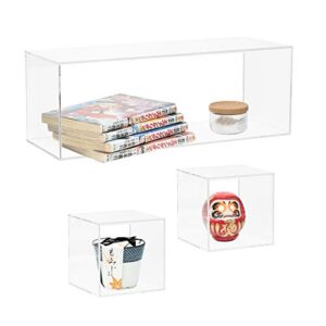 red co. crystal clear acrylic floating storage 4 sided wall shelves – bathroom shelf, makeup cosmetics display organizer rack | set of 3