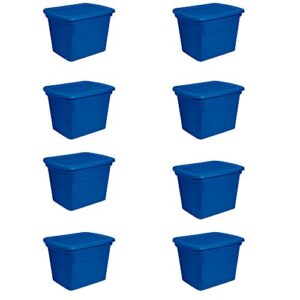 sterilite 18 gallon stackable plastic storage tote container with latching snap-close lid for home and office organization, blue (8 pack)