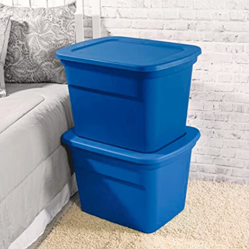 Sterilite 18 Gallon Stackable Plastic Storage Tote Container with Latching Snap-Close Lid for Home and Office Organization, Blue (8 Pack)