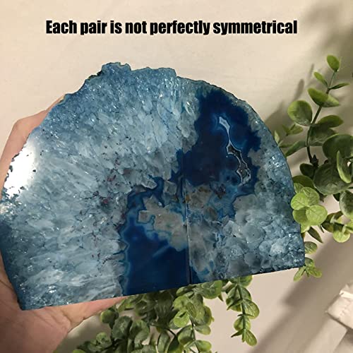 AMOYSTONE 1Pair Teal Agate Bookends Crystal Geode Book Ends 2-3 LBS with Anti-Slip Rubber Bumpers, Holder Small Books